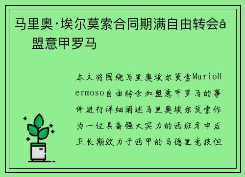 马里奥·埃尔莫索合同期满自由转会加盟意甲罗马